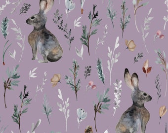 Woodland Bunnies - Bunny, Rabbit, Animal Print, Farm - Quilting Cotton, Poplin, Organic Knit, Minky, Fleece Fabric by the Yard