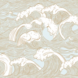 Vintage Ocean Waves Fabric by the Yard. Quilting Cotton, Organic Knit, Minky, Home Decor, Upholstery. Nautical Nursery Ocean Surf Summer
