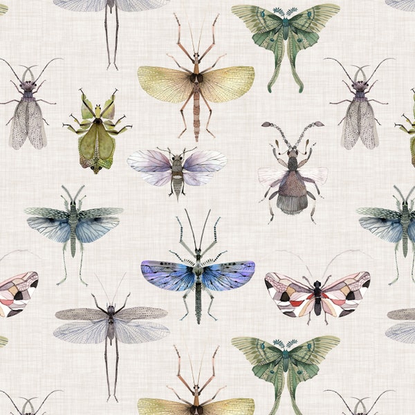 Bug Fabric - Watercolor Bugs and Insects, Beetles, Boy, Dragonflies - Quilt Cotton, Organic Knit, Jersey, Minky, Fleece Fabric by the Yard