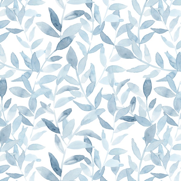 Chambray Botanical Leaves Fabric - French Country, Farmhouse Floral, Baby Blue - Quilting Cotton, Sateen, Home Decor, Upholstery Fabric