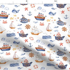 May include: A seamless pattern featuring watercolor illustrations of nautical objects, including ships, sailboats, submarines, anchors, starfish, crabs, fish, and clouds. The background is white.
