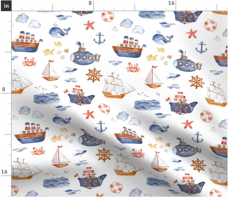 May include: A seamless pattern featuring watercolor illustrations of nautical objects, including ships, sailboats, submarines, anchors, starfish, crabs, fish, and clouds. The background is white.