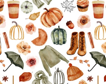Cozy Fall Fabric in Cotton, Poplin, Organic Knit, Jersey or Minky Fabric by the Yard or Fat Quarter. Pumpkin Spice Latte