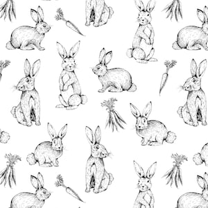 Sketch Bunnies Fabric by the Yard. Quilting Cotton, Organic Knit, Jersey or Minky. Easter Fabric, Rabbit Fabric, Spring, Bunny Fabric