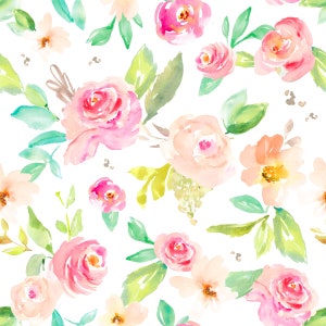 Watercolor Floral Fabric - Pink and Peach Roses, Florals - Quilting Cotton, Minky, Fleece, Knit, Home Decor, Upholstery Fabric by the Yard