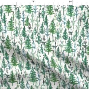 May include: A seamless pattern featuring a repeating design of watercolor green, blue, and black pine trees on a white background.