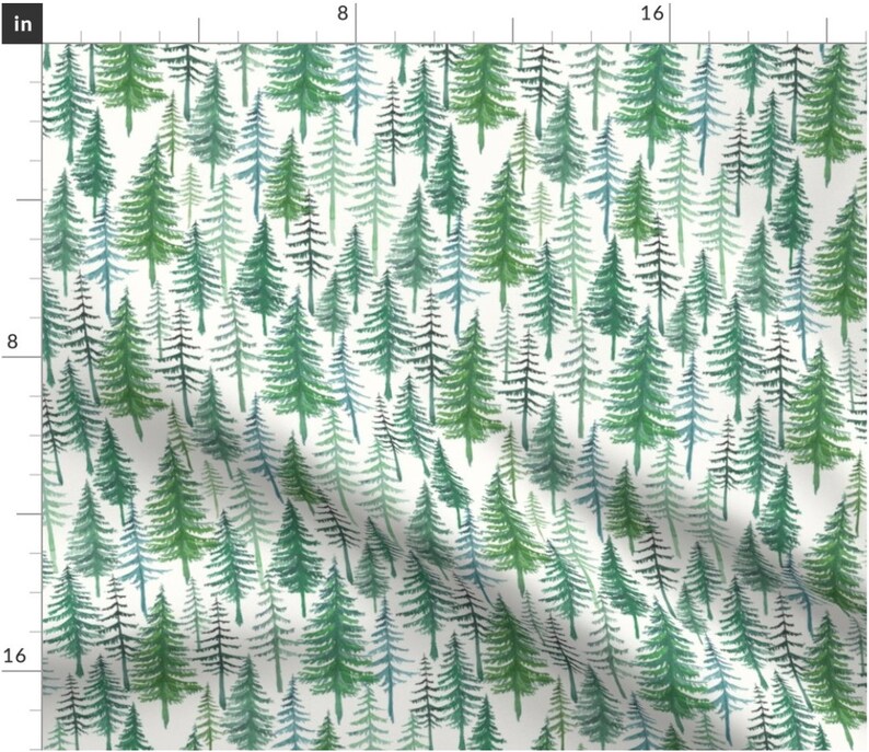 May include: A seamless pattern featuring a repeating design of watercolor green, blue, and black pine trees on a white background.