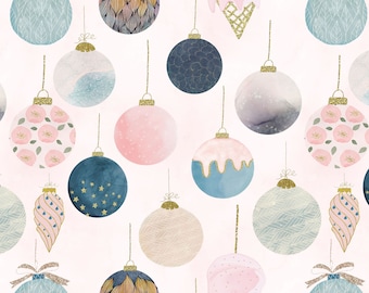 Pink Christmas Fabric - Christmas Tree Ornaments on Blush, Holiday, Winter - Cotton, Poplin, Minky, Fleece, Home Decor Fabric by the Yard