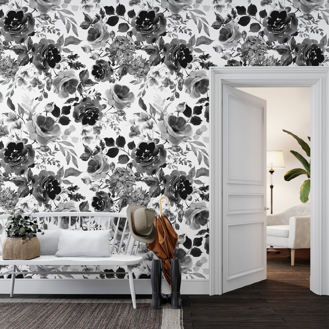 Black and White Floral Wallpaper - Vintage Watercolor Florals, Rose ...