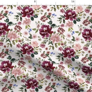 Burgundy and Blush Floral Fabric by the Yard. Watercolor Flowers, Pink ...