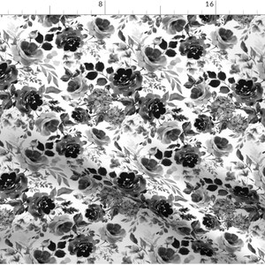 May include: Black and white floral fabric with a repeating pattern of roses and leaves.