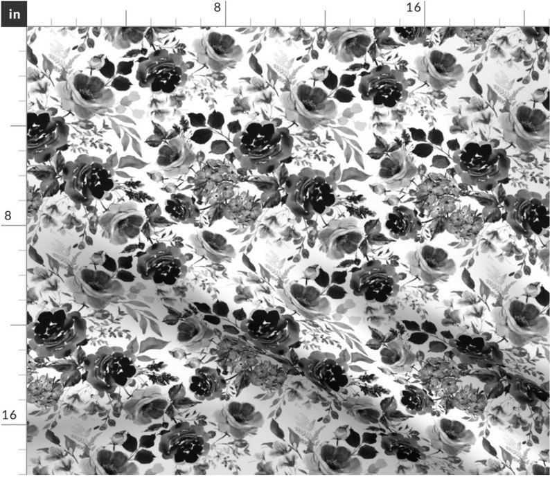May include: Black and white floral fabric with a repeating pattern of roses and leaves.