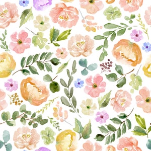 Botanical Garden Floral Fabric - Watercolor Pastel Florals, Colorful, Whimsical - Cotton, Minky, Home Decor, Upholstery Fabric by the Yard