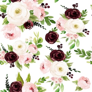 Burgundy and Blush Floral Fabric - Watercolor Fall Florals, Botanical - Quilting Cotton, Poplin, Minky, Home Decor Fabric by the Yard