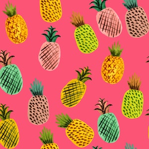 Pineapple Fabric by the Yard. Quilting Cotton, Organic Knit, Jersey, or Minky. Watercolor Pineapples Summer Hot Pink Fruit Food Abstract