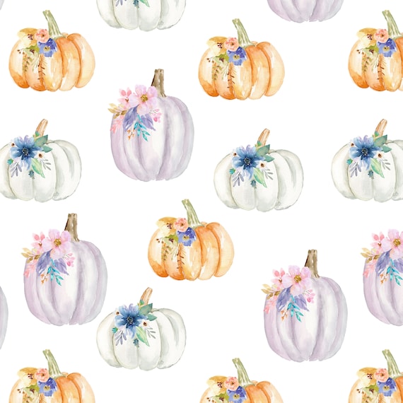 Floral Pumpkins Fabric by the Yard. Quilting Cotton, Minky, Interlock Knit or Jersey. Watercolor Fall Autumn Florals Pumpkin Lavender Boho
