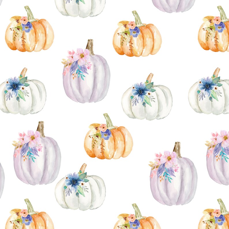 K&ouml;nnte beinhalten: Ein sich wiederholendes Muster aus Aquarell-K&uuml;rbissen in Orange-, Wei&szlig;- und Hellviolettt&ouml;nen. Jeder K&uuml;rbis ist mit einem B&uuml;ndel kleiner Blumen und Bl&auml;tter in Blau-, Rosa- und Gr&uuml;nt&ouml;nen verziert, angeordnet auf einem schlichten wei&szlig;en Hintergrund.