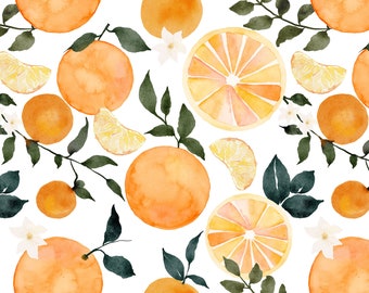 Watercolor Oranges Fabric by the Yard. Quilting Cotton, Organic Knit, Jersey, or Minky. Orange, Food, Fruit, Summer Fabric, Fruit, Tropical