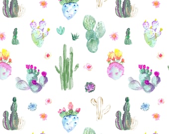 Summer Cactus Fabric by the Yard. Watercolor, Cacti, Plants, Baby, Southwest, Saguaro, Girl Nursery, Desert, Boho. Cotton Knit Jersey Minky