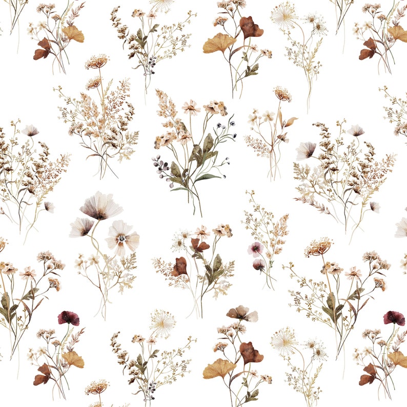 May include: A seamless pattern featuring watercolor illustrations of various dried flowers and plants in shades of brown, beige, and white on a white background.