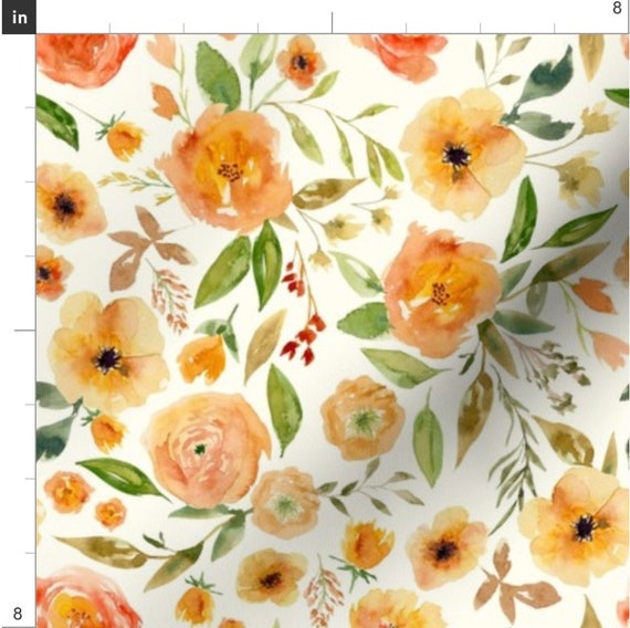 Orange Blossom Florals Fabric by the Yard. Quilting Cotton, Organic Knit,  Jersey or Minky. Watercolor Floral, Botanical, Flowers 