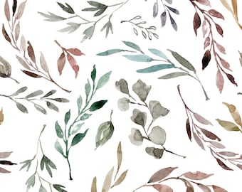 Botanical Leaves Fabric - Nature Watercolor Leaves - Quilting Cotton, Sateen, Knit, Home Decor, Upholstery Fabric by the Yard