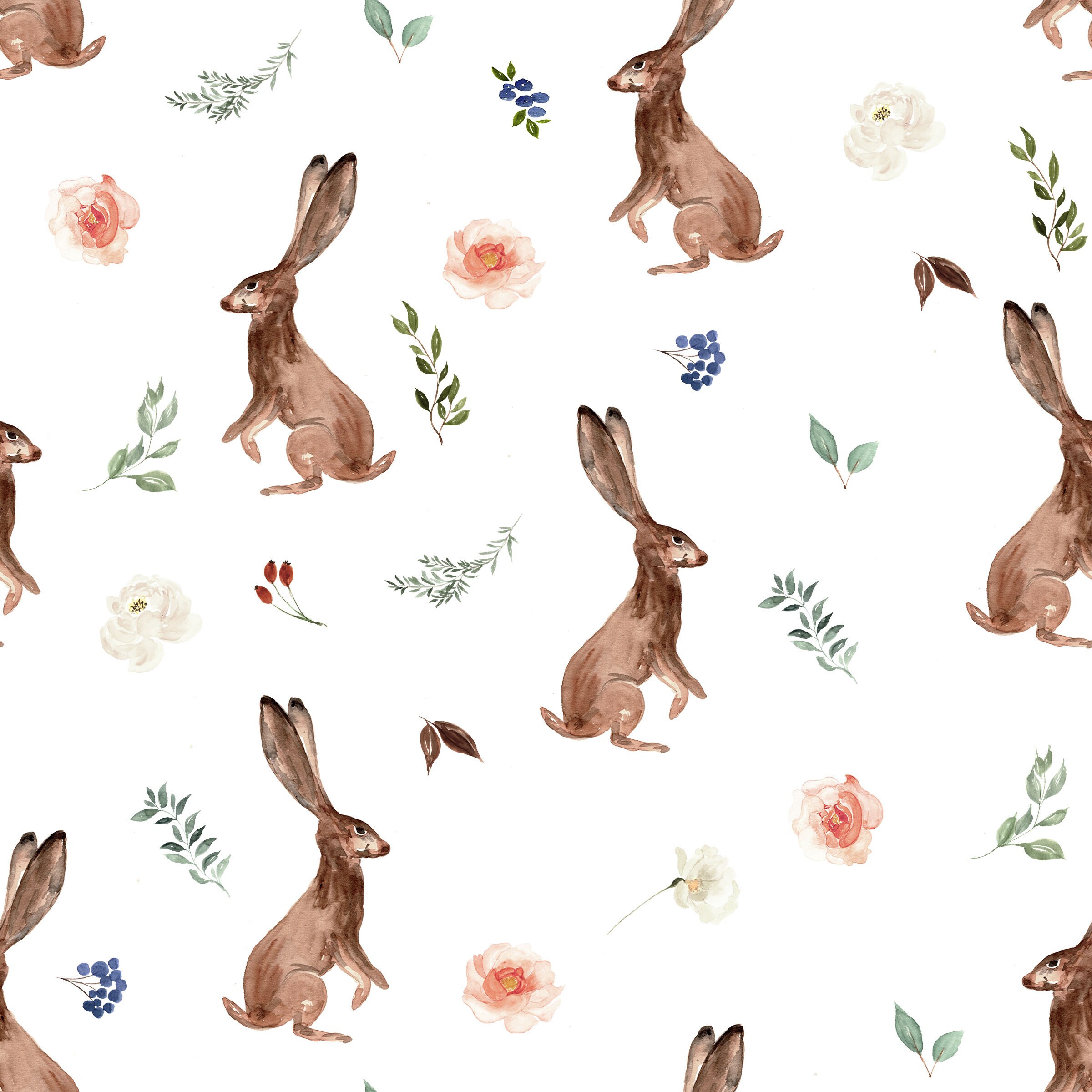 Boho Woodland Bunny Fabric by the Yard. Cotton Knit Jersey Minky. Easter Fabric, Spring, Bunnies, Watercolor Florals, Girl, Rabbit, Bunnies