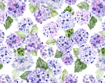 Hydrangea Floral Fabric by the Yard. Quilting Cotton, Organic Knit, Jersey or Minky. Watercolor Florals, Botanical, Periwinkle, Lavender