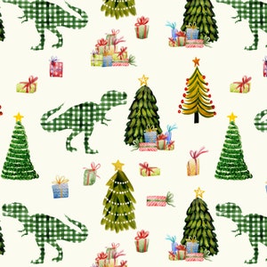 Christmas Dinosaur Fabric - Tree Rex Dinosaurs, Children's Fabric, Holidays - Quilting Cotton, Poplin, Knit, Fleece Fabric by the Yard