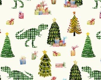 Christmas Dinosaur Fabric - Tree Rex Dinosaurs, Children's Fabric, Holidays - Quilting Cotton, Poplin, Knit, Fleece Fabric by the Yard