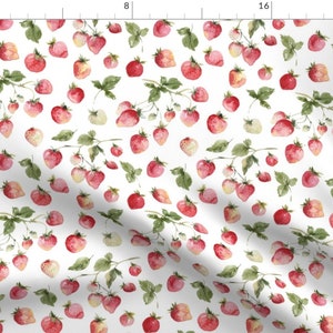 May include: A white background with a repeating pattern of watercolor painted red strawberries and green leaves.