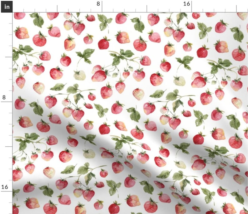 May include: A white background with a repeating pattern of watercolor painted red strawberries and green leaves.