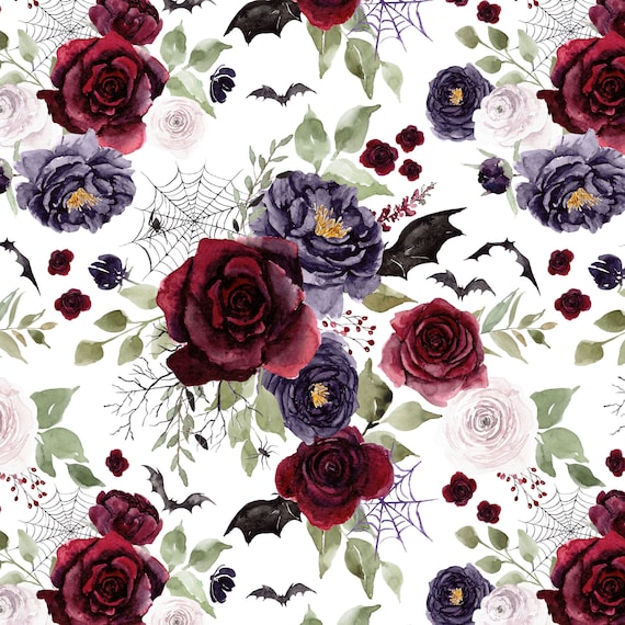 Halloween Floral Fabric by the Yard. Spooky, Botanical, Spider Webs, Spiders, Bats, Flower Fabric, Fall. Quilt Cotton, Minky, Knit, Jersey