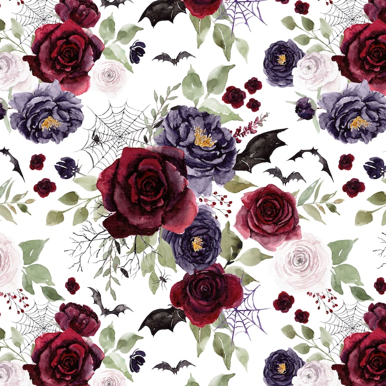 Halloween Floral Fabric by the Yard. Spooky, Botanical, Spider Webs, Spiders, Bats, Flower Fabric, Fall. Quilt Cotton, Minky, Knit, Jersey image 1
