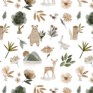 Woodland Springs Fabric by the Yard. Quilting Cotton, Organic Knit, Jersey or Minky. Girl Nursery, Forest, Bear, Deer, Bunny, Floral