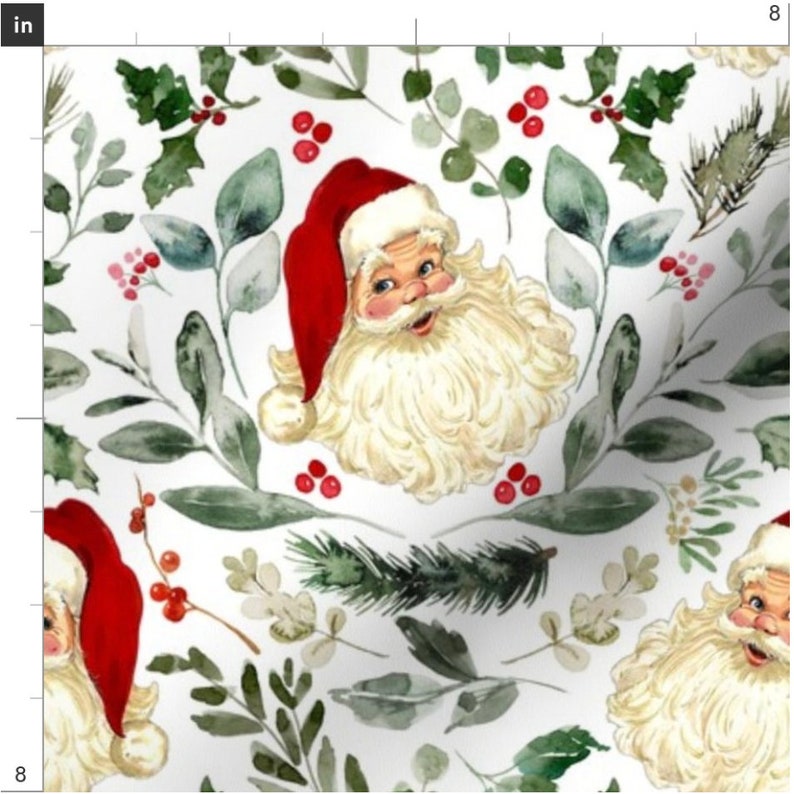 May include: A seamless pattern featuring a watercolor illustration of Santa Claus's face with a red hat and white beard, surrounded by green leaves, branches, and red berries on a white background.