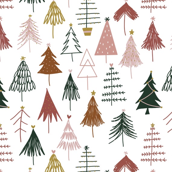 Christmas Trees Fabric by the Yard. Quilting Cotton, Knit, Jersey or Minky.  Boho Holiday Winter Fabric Xmas Woodland Tree Blush Gold Green 