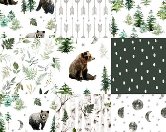 Woodland Cheater Quilt Fabric by the Yard. Forest Night Watercolor Bears and Trees Boy Nursery. Quilting Cotton, Sateen, Minky, Fleece