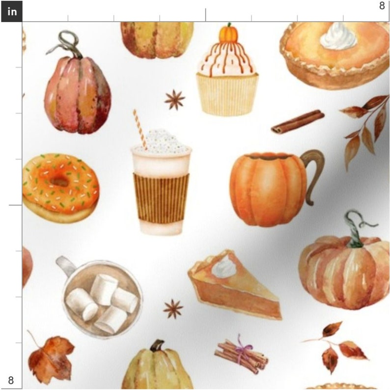 May include: A watercolour pattern featuring pumpkins, pumpkin pie, cupcakes, donuts, and coffee. Cinnamon sticks, star anise, and autumn leaves are also included in this design. The design is set against a white background.