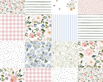 Tela para edredón con estampado floral "Garden Party", cortada a medida. Ideal para habitación infantil de niña. Colores: rosa palo y verde. Telas disponibles: algodón, satén, minky y polar.