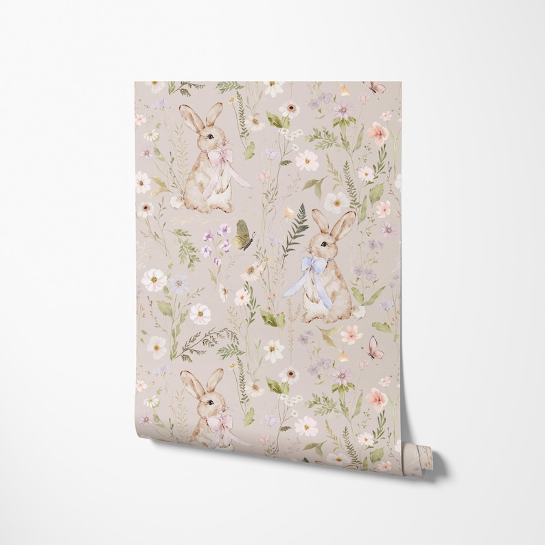 Bunny and Bloom Wallpaper, Cottagecore Wildflowers and Bunnies - Peel ...