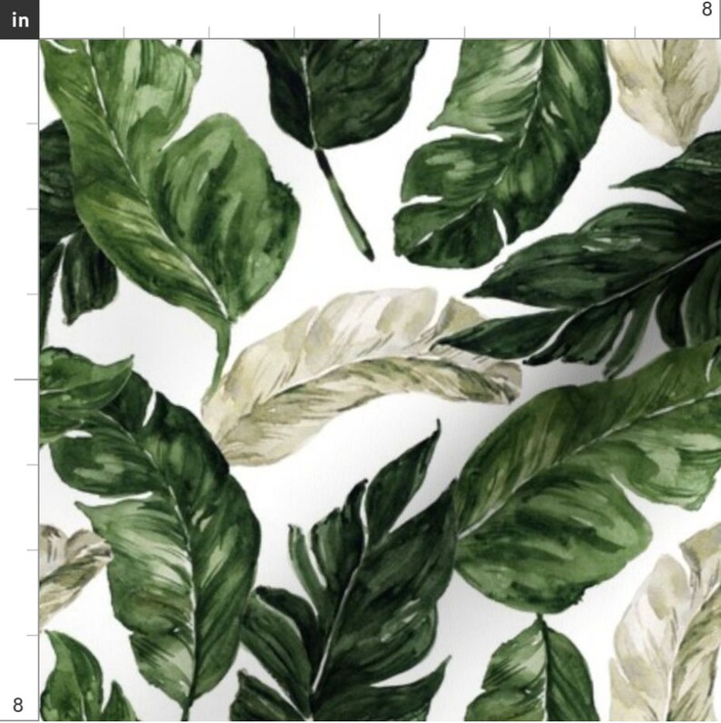 May include: A seamless pattern featuring watercolor illustrations of green and beige tropical leaves on a white background.