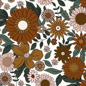 May include: A seamless pattern featuring a variety of brown, pink, and green flowers with white backgrounds. The flowers are stylized and have a retro 70s aesthetic.