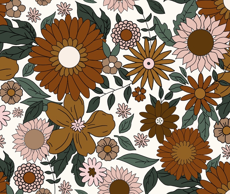 May include: A seamless pattern featuring a variety of brown, pink, and green flowers with white backgrounds. The flowers are stylized and have a retro 70s aesthetic.