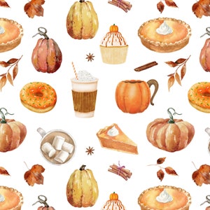 Pumpkin Spice Latte Fabric by the Yard. Quilting Cotton, Organic Knit, Jersey or Minky. Coffee Fabric, Autumn, Fall, Halloween, Donut, Pie