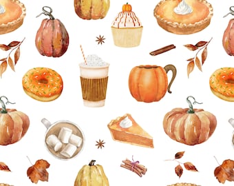 Pumpkin Spice Latte Fabric by the Yard. Quilting Cotton, Organic Knit, Jersey or Minky. Coffee Fabric, Autumn, Fall, Halloween, Donut, Pie