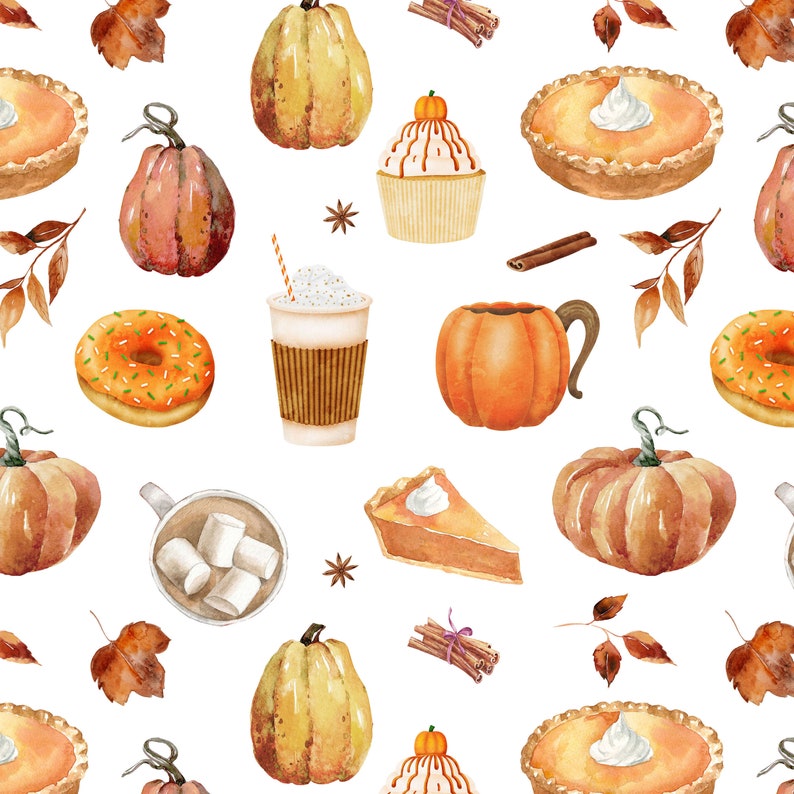 May include: A watercolour illustration of a seamless pattern with pumpkins, pies, donuts, cupcakes, coffee, and cinnamon sticks. The design has a fall theme with orange, brown, and yellow colours, set against a white background.