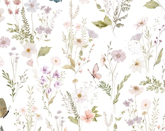 Tela con estampado de flores silvestres y mariposas estilo cabaña, cortada a medida. Tela de algodón para patchwork, satén, minky y lona. Tela para habitación infantil con estampado floral en acuarela.