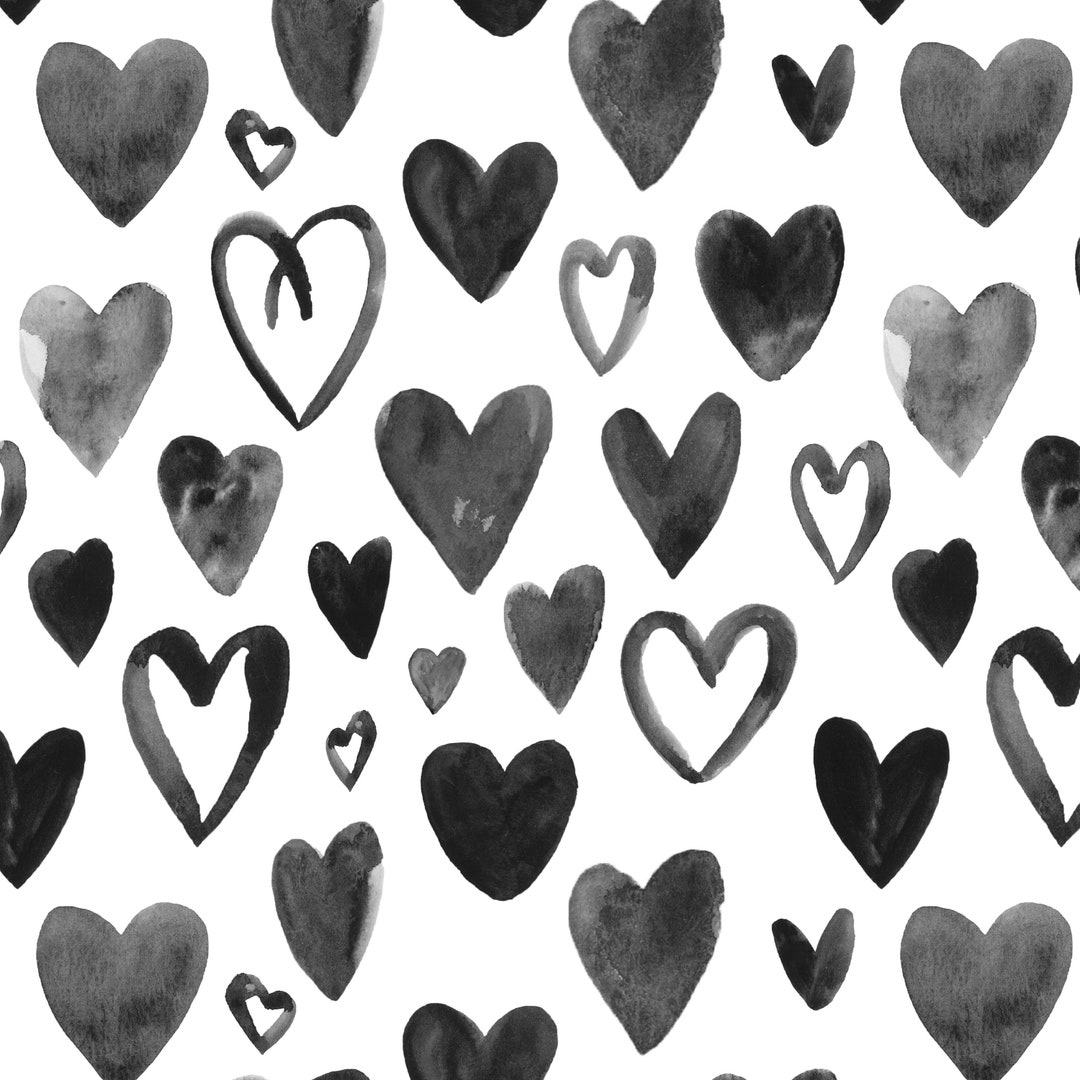 Black and White Hearts Fabric by the Yard. Quilting Cotton, Sateen