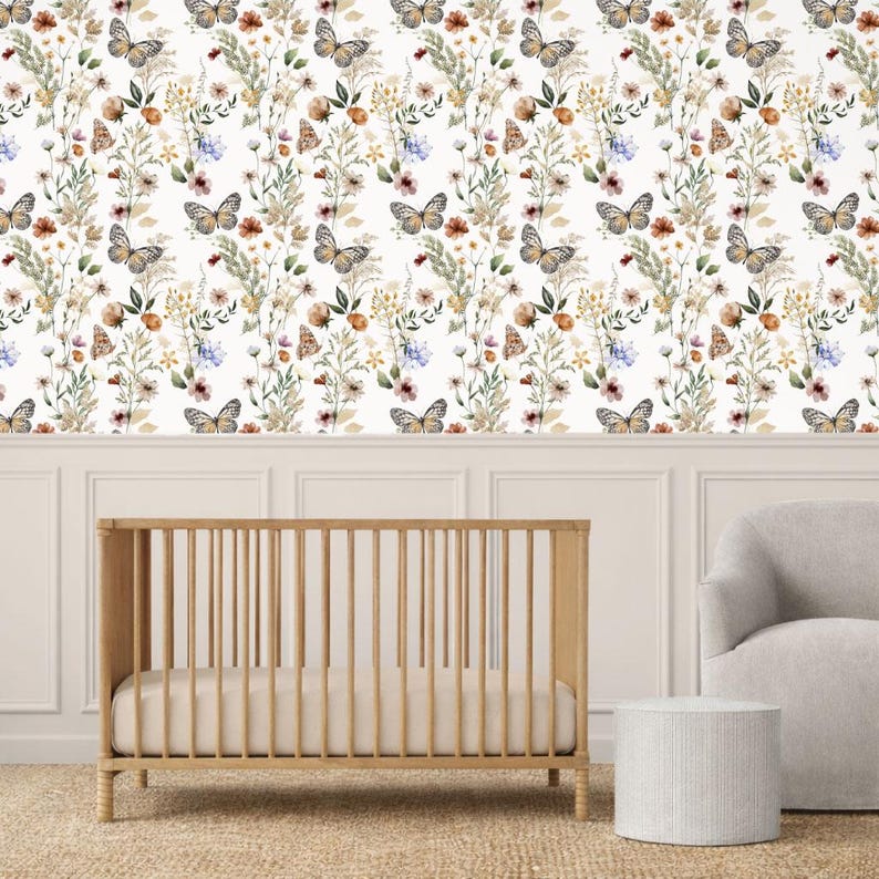 Meadowscape Butterfly and Floral Wallpaper - Wildflower Florals Watercolor - Peel and Stick Removable and Prepasted Wallpaper Bild 2